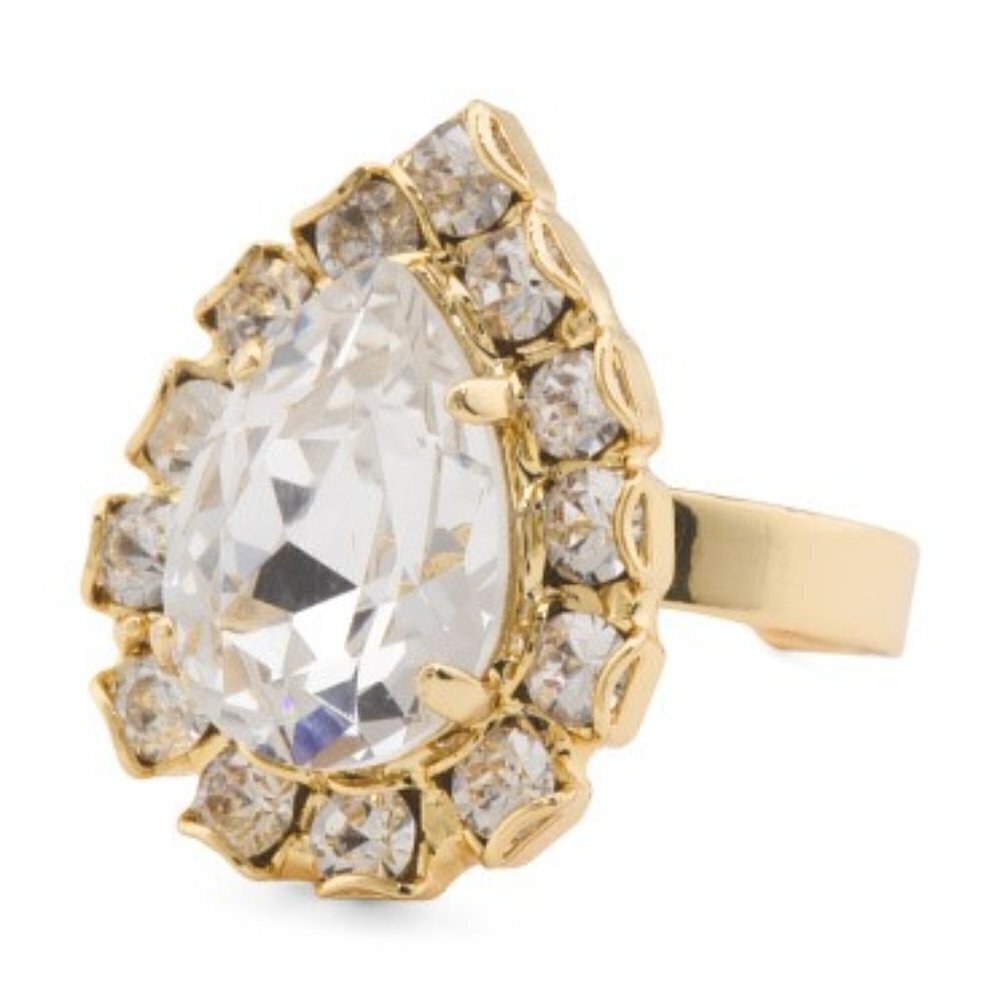 Sorrelli‎ Giselle Pear Clear Crystal Gold Tone Halo Cocktail Ring Adjustable Fit
